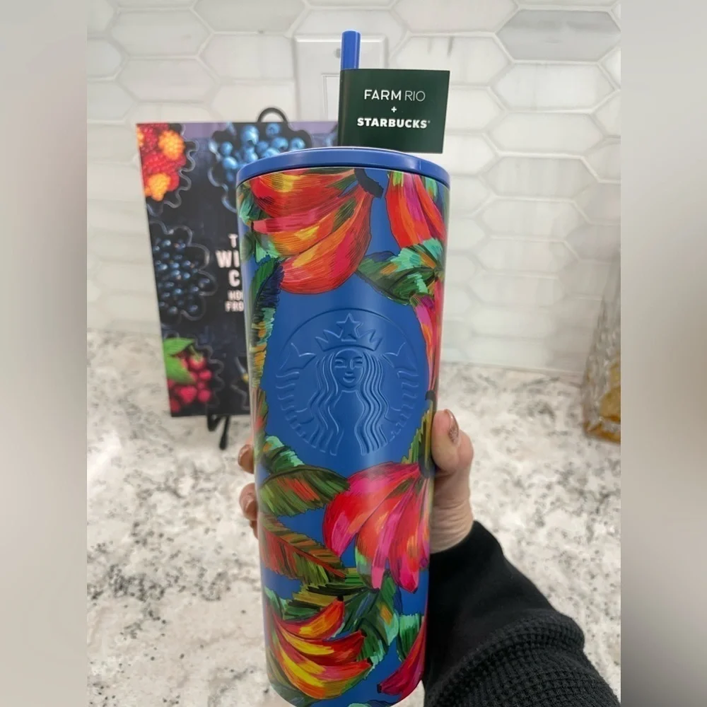 Starbucks x Farm Rio Blue Vibrant Tropical Banana Mix SS Tumbler. NWT. HTF. Fun!